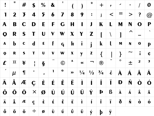 Exotic 350 Bold  glyph index