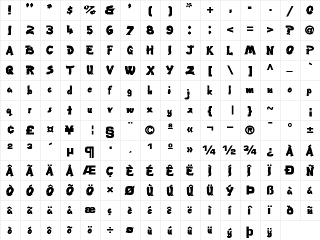 FlatBrush36 Bold  glyph index