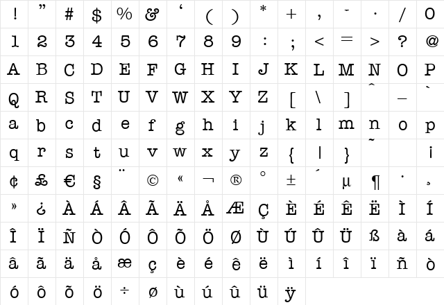 ModernTypewriter Regular  glyph index