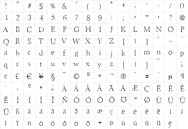 BelfastSerial-Xlight Regular  glyph index