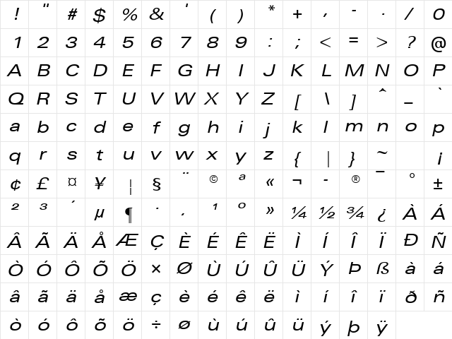 Univers Extended Medium Italic  glyph index
