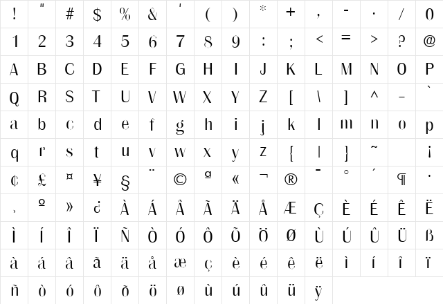 Grenoble Light SF Regular  glyph index