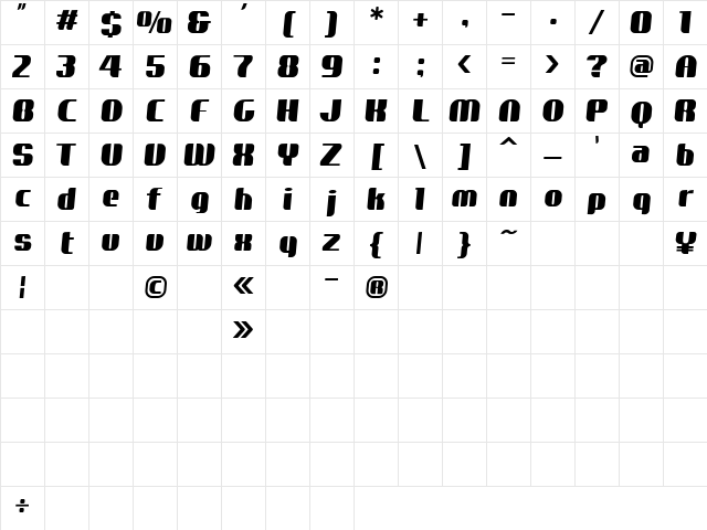 Cameliaexbold Regular  glyph index