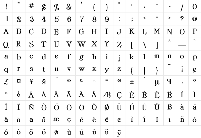ProvLite Bold Bold  glyph index