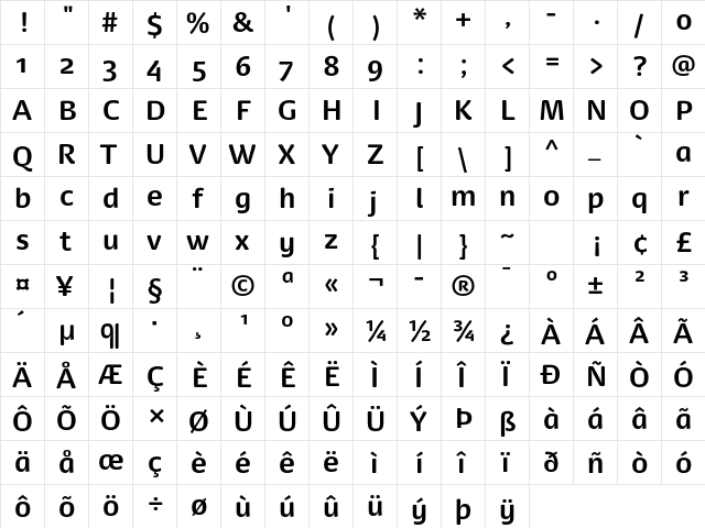 Dancer Pro Bold  glyph index