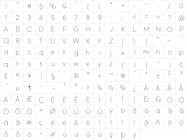 Averta Extrathin  glyph index