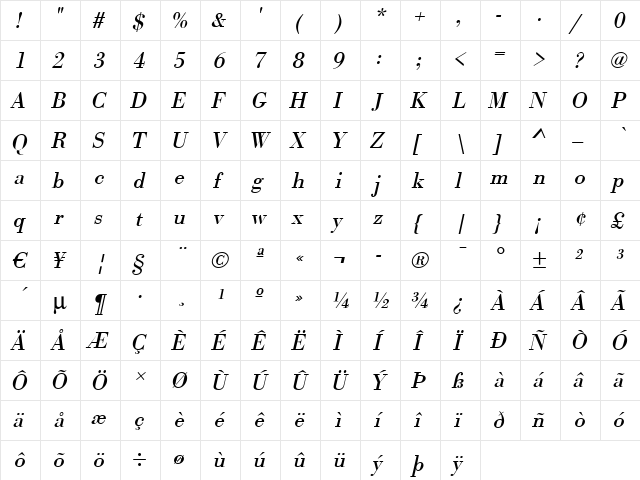 OlgaBecker Italic  glyph index