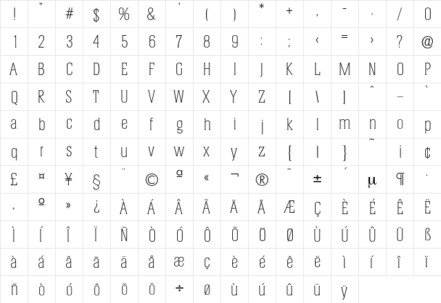 Helium-Xlight Regular  glyph index