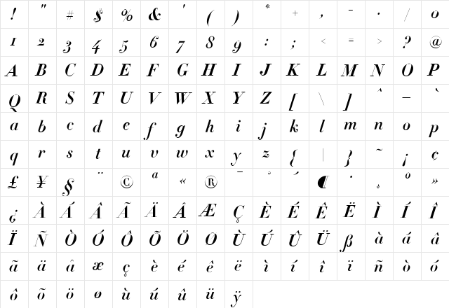 Didot Bold Italic  glyph index