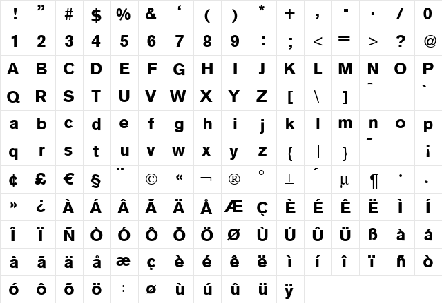 A750-Sans Bold  glyph index