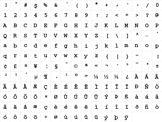 Courier S Bold  glyph index