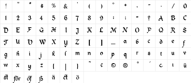 PCSeidleburg Regular  glyph index