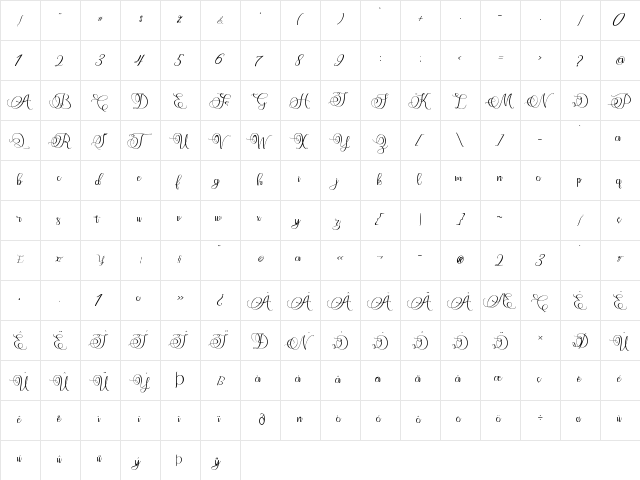 Angeliny Regular  glyph index