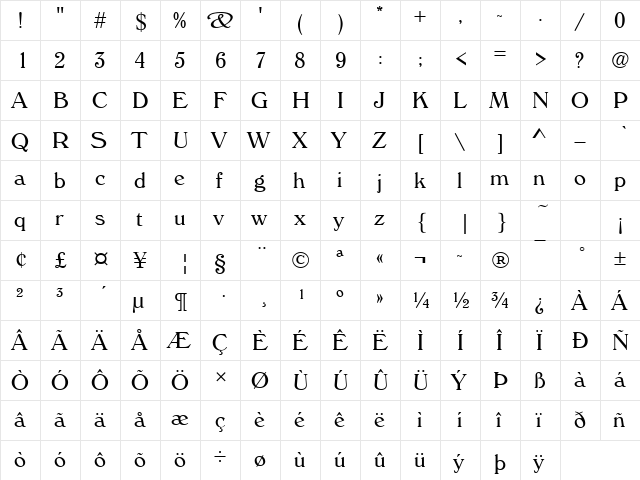 WindsorD Regular  glyph index