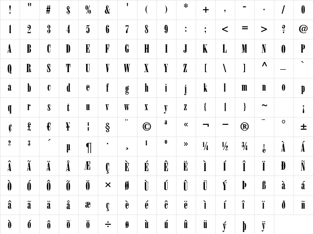 BodoniPosterCompressed Bold  glyph index