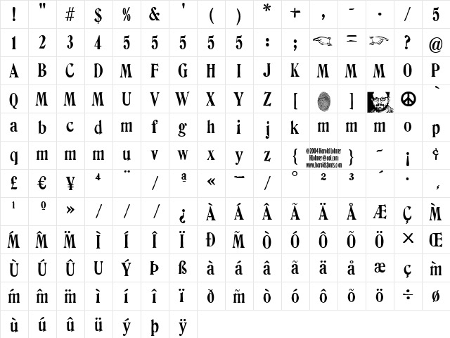 Columbia StampDemo Regular  glyph index