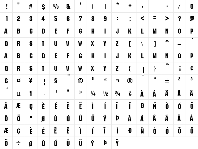 Machine ITC D Regular  glyph index