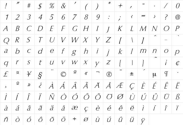 Columbia-XlightIta Regular  glyph index