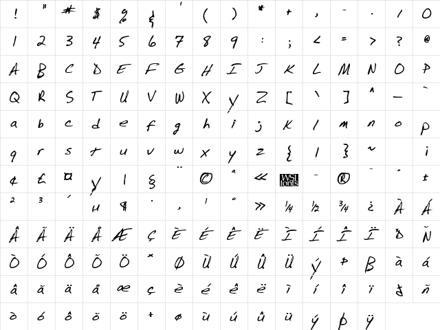 BarrysHand Bold  glyph index