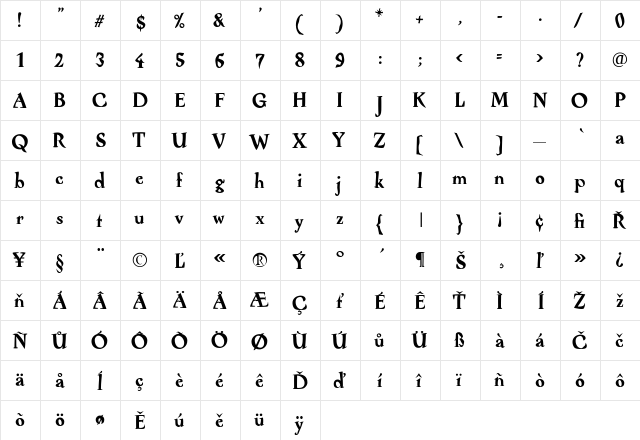 Alcoholica Regular  glyph index