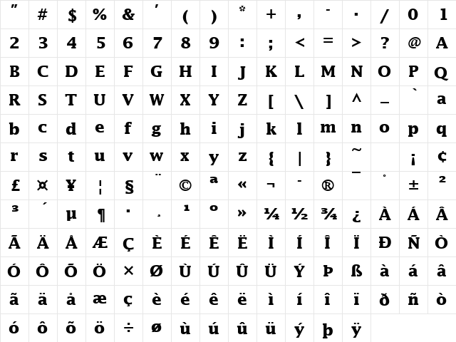 Lucida Becker Bold  glyph index