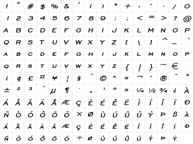ChiselWide BoldItalic  glyph index