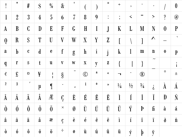 BodoniAntTCon Regular  glyph index