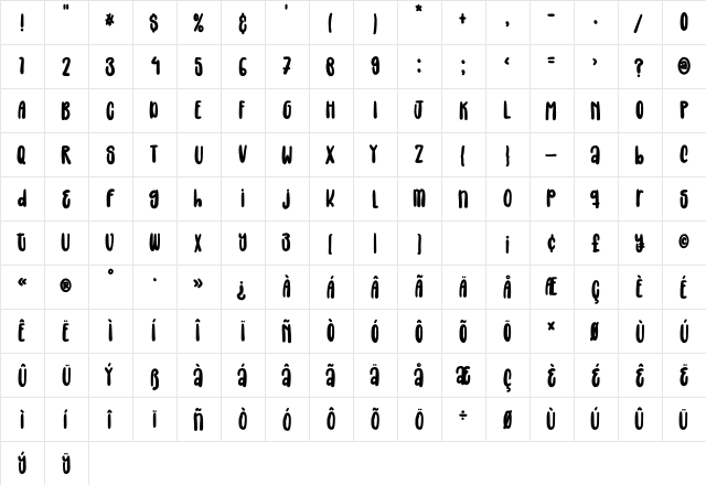 Uncle House Regular  glyph index