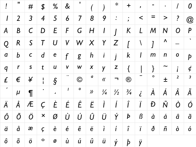 Gill Sans Italic  glyph index