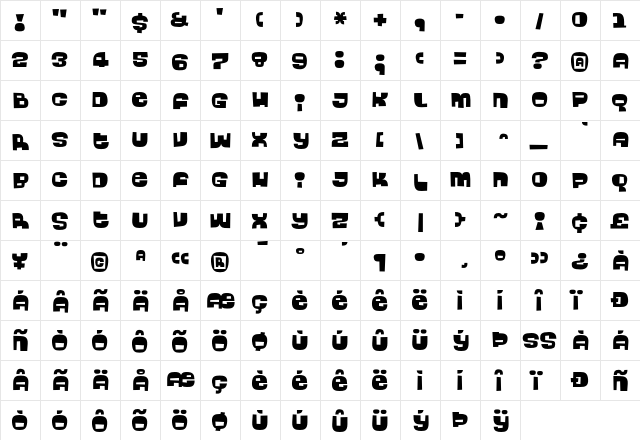 Bingo Regular  glyph index