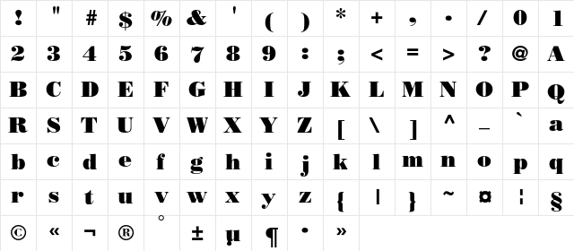 BodoniPosterC Regular  glyph index