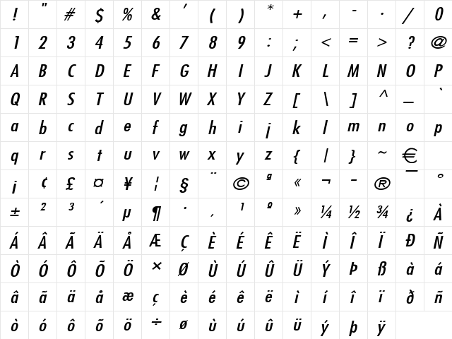 FujiWide Italic  glyph index