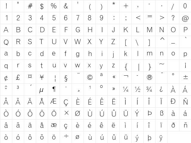 Gothic720 Lt BT Light  glyph index