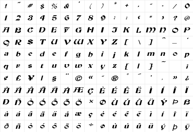 Brandywine-Extended Italic  glyph index