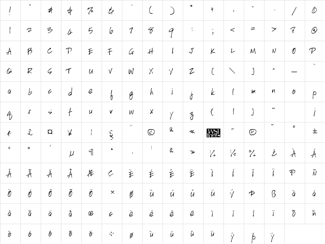 HandScriptUpright Regular  glyph index