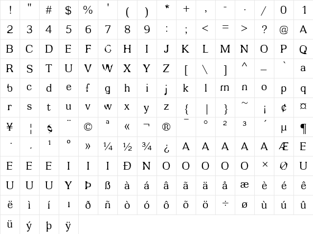 Enema Regular  glyph index