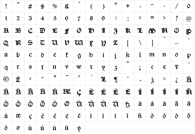 TudorText Regular  glyph index