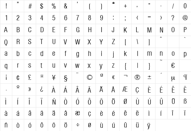 Olympia-LightCond Regular  glyph index