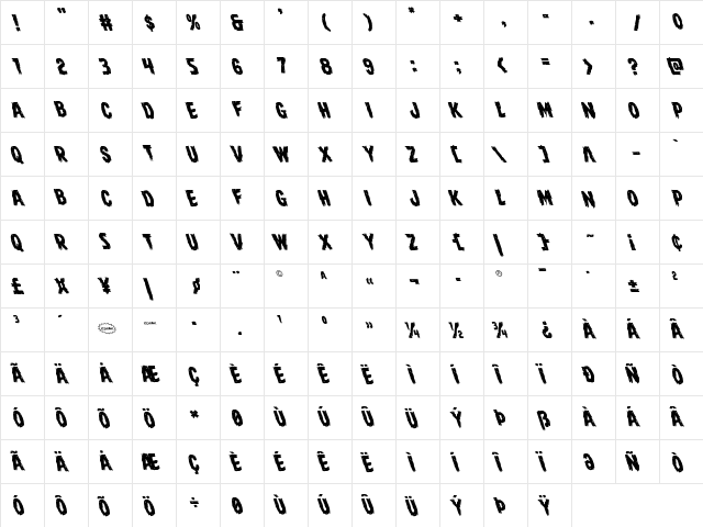 Dire Wolf Leftalic Italic  glyph index