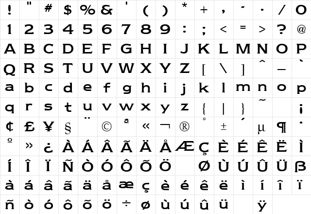 Newtext Reglr Regular  glyph index