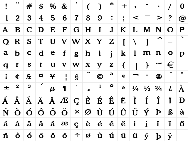 ChelseyWide Bold  glyph index