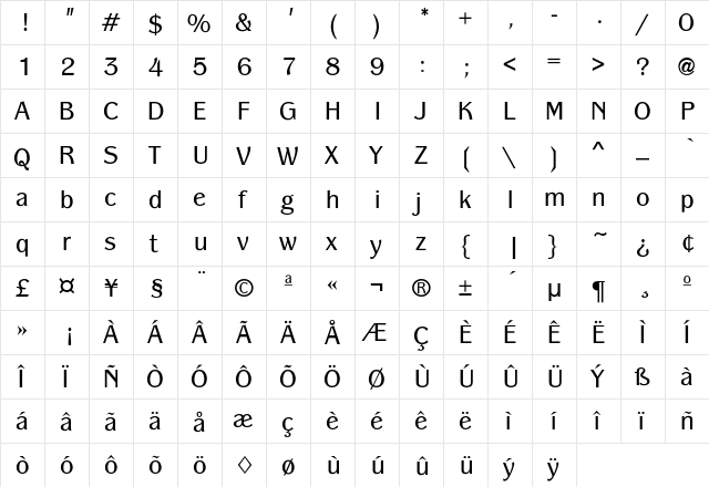 Pedigree Regular  glyph index