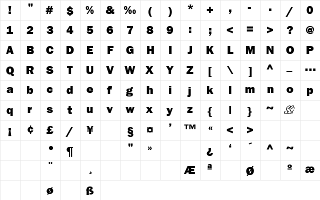 Franklin Gothic Bold SSi Extra Bold  glyph index