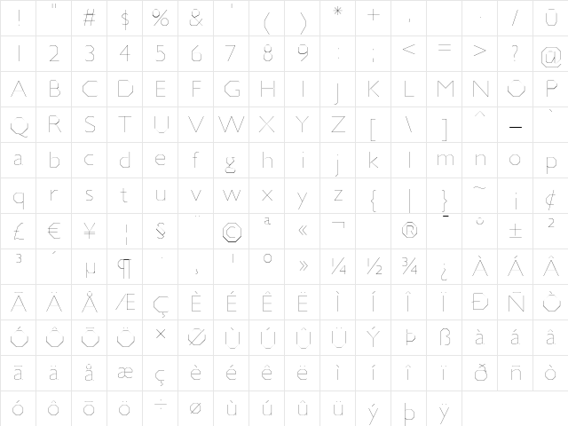 Jillican UltraLight Regular  glyph index