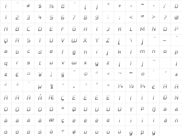 Dennis Hill Speeding Regular  glyph index