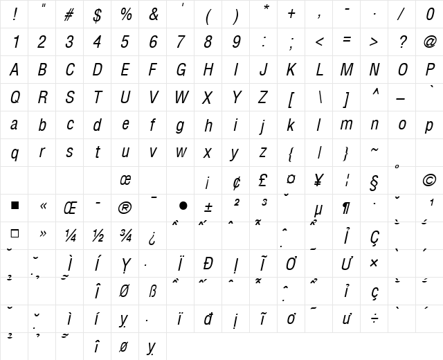 VNI-Helve-Condense Italic  glyph index