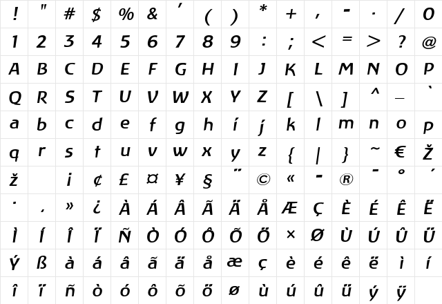 LTAtlantis MediumItalic Regular  glyph index