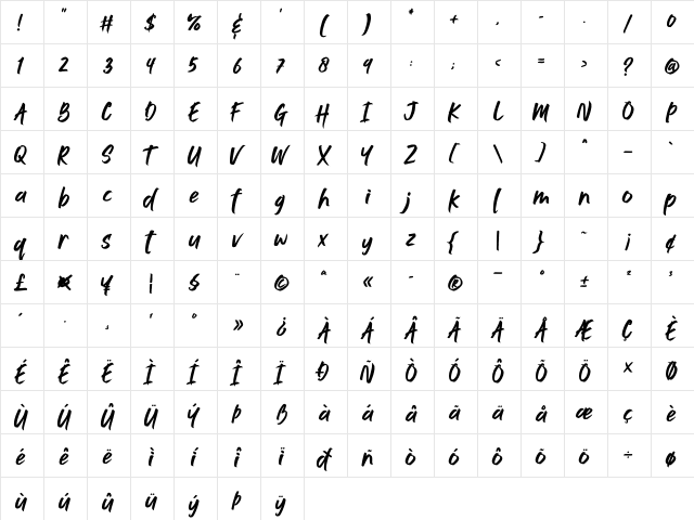 Jushley Shine Regular  glyph index