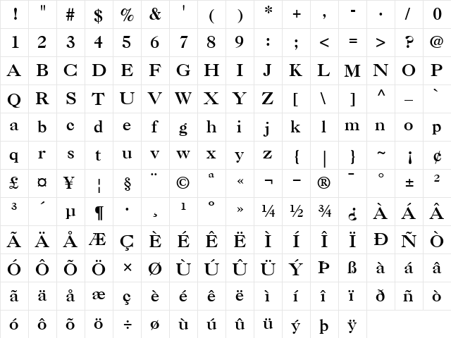 Caslon3Roman Roman  glyph index