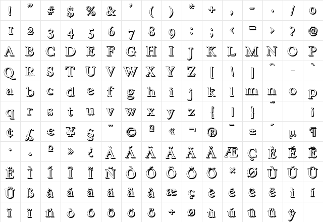 CasablancaShadow Regular  glyph index